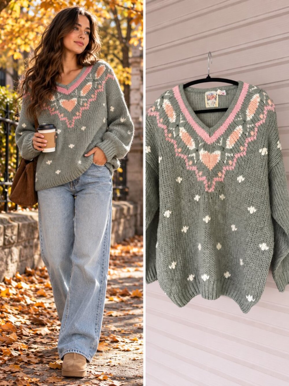 Vintage Sage Grey Floral Snowflake Knit V-Neck Boxy Cottagecore Pullover M